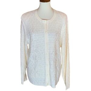 Vintage Alfred Dunner cream cardigan sweater with beads and tiny pearls Large